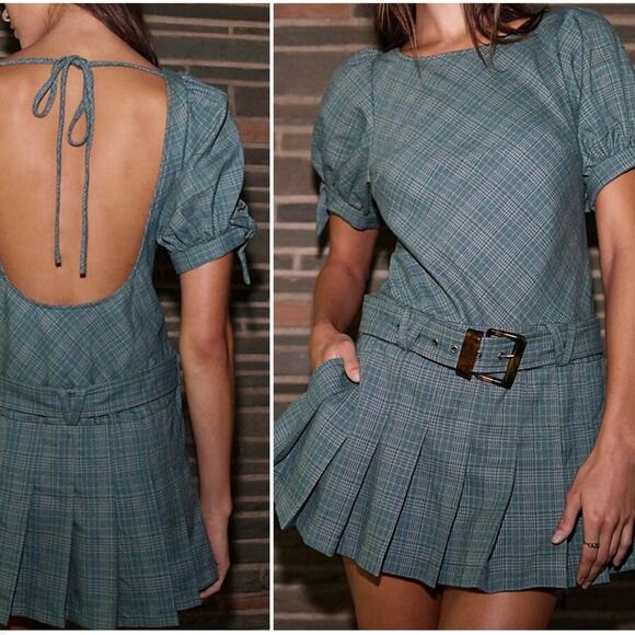 NEW Free People Sevi plaid drop waist belted pleated skirt mini dress - Picture 1 of 14